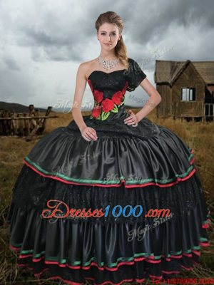 One Shoulder Black Sleeveless Sweep Train Embroidery With Train Quinceanera Dress