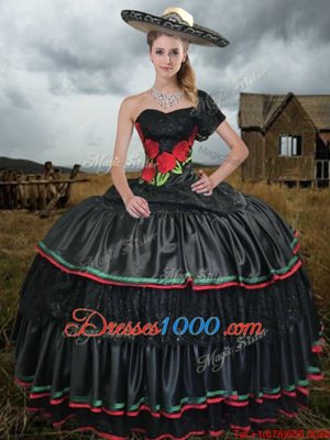 One Shoulder Black Sleeveless Sweep Train Embroidery With Train Quinceanera Dress