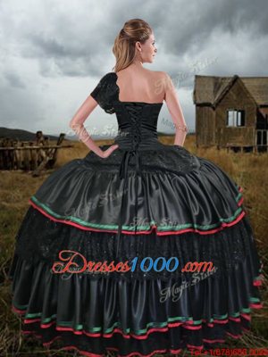 One Shoulder Black Sleeveless Sweep Train Embroidery With Train Quinceanera Dress