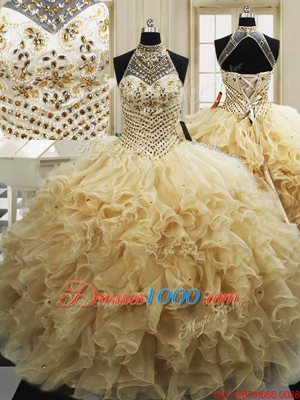Sweep Train Ball Gowns Quinceanera Dresses Champagne High-neck Tulle Sleeveless With Train Lace Up