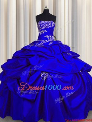 Trendy Royal Blue Taffeta Lace Up Strapless Sleeveless Floor Length Sweet 16 Dresses Appliques and Pick Ups
