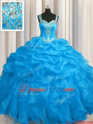 See Through Zipper Up Appliques and Ruffles Ball Gown Prom Dress Blue Zipper Sleeveless Floor Length