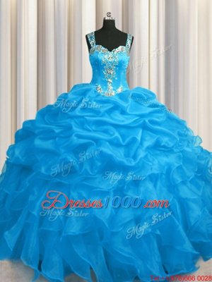 See Through Zipper Up Appliques and Ruffles Ball Gown Prom Dress Blue Zipper Sleeveless Floor Length