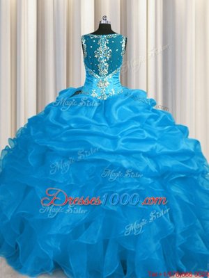 See Through Zipper Up Appliques and Ruffles Ball Gown Prom Dress Blue Zipper Sleeveless Floor Length