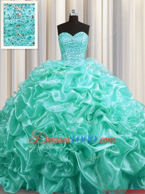 Aqua Blue Ball Gowns Sweetheart Sleeveless Organza With Train Court Train Lace Up Beading and Pick Ups Sweet 16 Dress