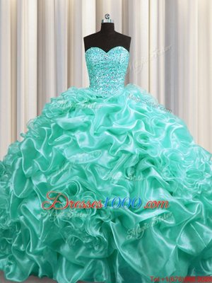 Aqua Blue Ball Gowns Sweetheart Sleeveless Organza With Train Court Train Lace Up Beading and Pick Ups Sweet 16 Dress