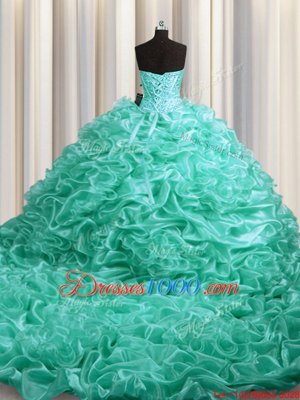 Aqua Blue Ball Gowns Sweetheart Sleeveless Organza With Train Court Train Lace Up Beading and Pick Ups Sweet 16 Dress