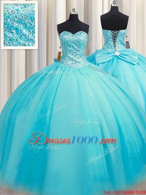 Puffy Skirt Floor Length Lace Up Sweet 16 Dress Baby Blue and In for Military Ball and Sweet 16 and Quinceanera with Beading