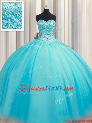 Puffy Skirt Floor Length Lace Up Sweet 16 Dress Baby Blue and In for Military Ball and Sweet 16 and Quinceanera with Beading