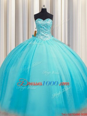 Puffy Skirt Floor Length Lace Up Sweet 16 Dress Baby Blue and In for Military Ball and Sweet 16 and Quinceanera with Beading