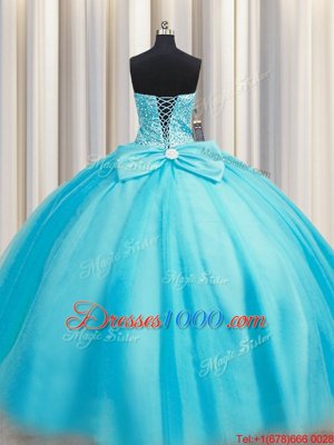 Puffy Skirt Floor Length Lace Up Sweet 16 Dress Baby Blue and In for Military Ball and Sweet 16 and Quinceanera with Beading