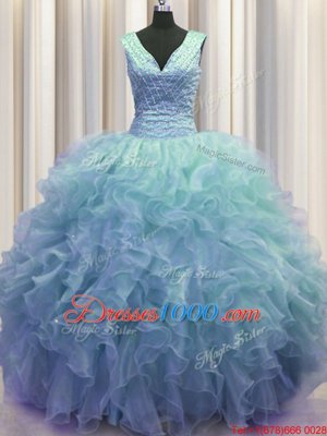 V Neck Zipper Up Sleeveless Zipper Floor Length Ruffles Quinceanera Dress