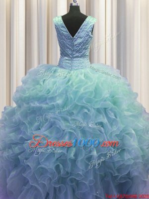 V Neck Zipper Up Sleeveless Zipper Floor Length Ruffles Quinceanera Dress