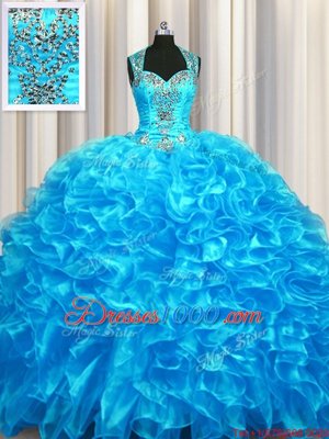 Deluxe Zipper Up See Through Back Sleeveless Beading and Ruffles Zipper Sweet 16 Quinceanera Dress