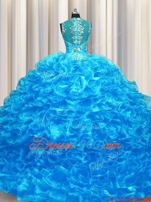 Deluxe Zipper Up See Through Back Sleeveless Beading and Ruffles Zipper Sweet 16 Quinceanera Dress