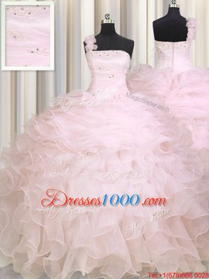 Baby Pink Ball Gowns One Shoulder Sleeveless Organza Floor Length Zipper Beading and Ruffles Vestidos de Quinceanera