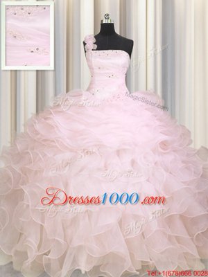 Baby Pink Ball Gowns One Shoulder Sleeveless Organza Floor Length Zipper Beading and Ruffles Vestidos de Quinceanera