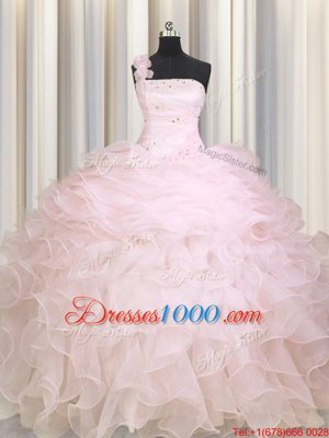 Baby Pink Ball Gowns One Shoulder Sleeveless Organza Floor Length Zipper Beading and Ruffles Vestidos de Quinceanera