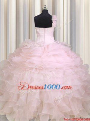 Baby Pink Ball Gowns One Shoulder Sleeveless Organza Floor Length Zipper Beading and Ruffles Vestidos de Quinceanera