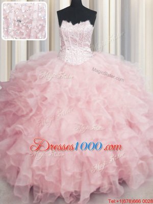Top Selling Visible Boning Scalloped Baby Pink Sleeveless Beading and Ruffles Floor Length Quinceanera Gowns