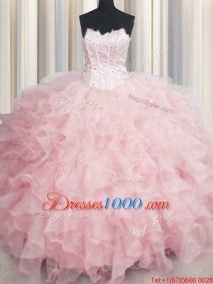 Top Selling Visible Boning Scalloped Baby Pink Sleeveless Beading and Ruffles Floor Length Quinceanera Gowns