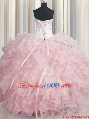 Top Selling Visible Boning Scalloped Baby Pink Sleeveless Beading and Ruffles Floor Length Quinceanera Gowns