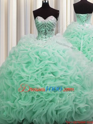 Fabulous Brush Train Apple Green Fabric With Rolling Flowers Lace Up Sweetheart Sleeveless Floor Length Quinceanera Gowns Beading and Pick Ups