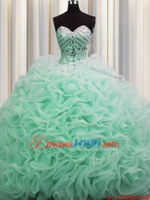 Fabulous Brush Train Apple Green Fabric With Rolling Flowers Lace Up Sweetheart Sleeveless Floor Length Quinceanera Gowns Beading and Pick Ups