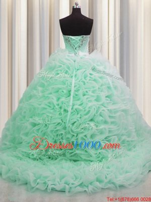 Fabulous Brush Train Apple Green Fabric With Rolling Flowers Lace Up Sweetheart Sleeveless Floor Length Quinceanera Gowns Beading and Pick Ups