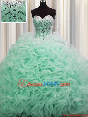 Fabulous Brush Train Apple Green Fabric With Rolling Flowers Lace Up Sweetheart Sleeveless Floor Length Quinceanera Gowns Beading and Pick Ups