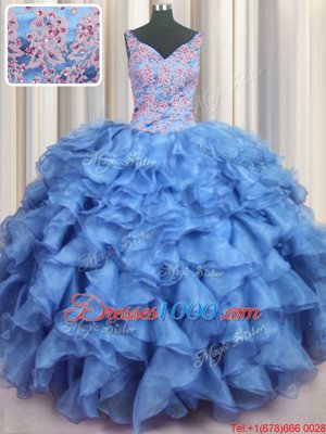 Perfect Ruffled V-neck Sleeveless Lace Up Vestidos de Quinceanera Baby Blue Organza