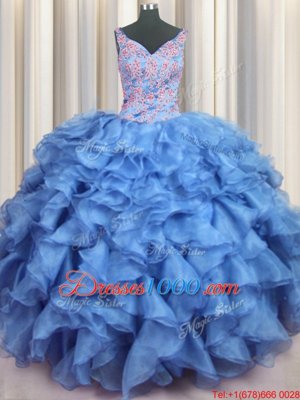 Perfect Ruffled V-neck Sleeveless Lace Up Vestidos de Quinceanera Baby Blue Organza