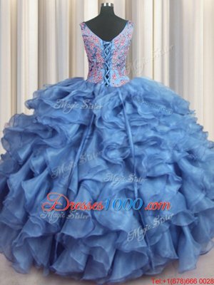 Perfect Ruffled V-neck Sleeveless Lace Up Vestidos de Quinceanera Baby Blue Organza