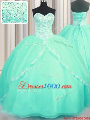 Turquoise Lace Up Quinceanera Gown Beading and Appliques Sleeveless With Brush Train