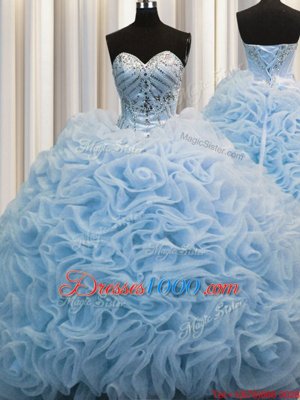 Rolling Flowers Baby Blue Vestidos de Quinceanera Military Ball and Sweet 16 and Quinceanera and For with Beading and Pick Ups Sweetheart Sleeveless Brush Train Lace Up