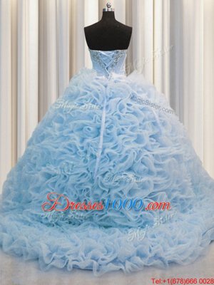 Rolling Flowers Baby Blue Vestidos de Quinceanera Military Ball and Sweet 16 and Quinceanera and For with Beading and Pick Ups Sweetheart Sleeveless Brush Train Lace Up