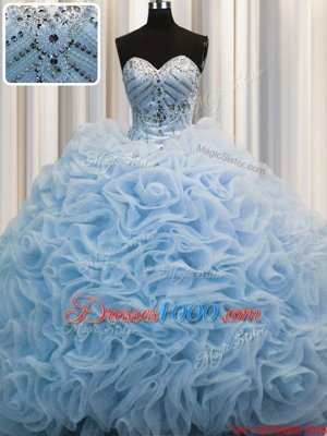 Rolling Flowers Baby Blue Vestidos de Quinceanera Military Ball and Sweet 16 and Quinceanera and For with Beading and Pick Ups Sweetheart Sleeveless Brush Train Lace Up