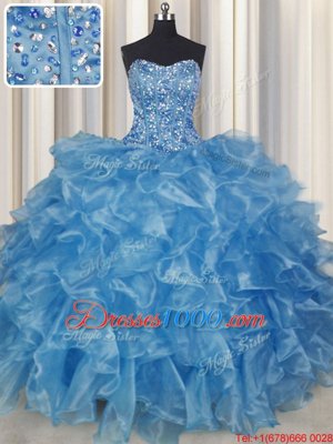 Unique Visible Boning Bling-bling Turquoise Ball Gowns Organza Sweetheart Sleeveless Beading and Ruffles With Train Lace Up Vestidos de Quinceanera Brush Train