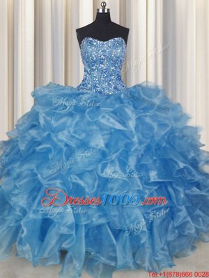 Visible Boning Baby Blue Lace Up Strapless Beading and Ruffles Quinceanera Dresses Organza Sleeveless