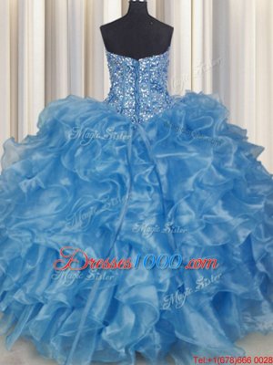 Visible Boning Baby Blue Lace Up Strapless Beading and Ruffles Quinceanera Dresses Organza Sleeveless