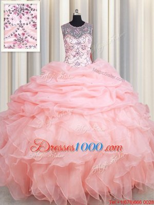 Fantastic See Through Ball Gowns Sweet 16 Dresses Baby Pink Scoop Organza Sleeveless Floor Length Lace Up