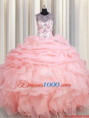 Fantastic See Through Ball Gowns Sweet 16 Dresses Baby Pink Scoop Organza Sleeveless Floor Length Lace Up