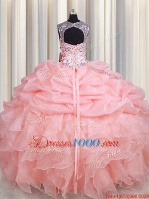 Fantastic See Through Ball Gowns Sweet 16 Dresses Baby Pink Scoop Organza Sleeveless Floor Length Lace Up