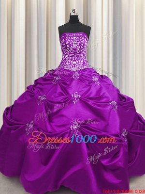 Elegant Sleeveless Taffeta Floor Length Lace Up Sweet 16 Quinceanera Dress in Eggplant Purple for with Beading and Appliques and Embroidery