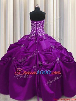 Elegant Sleeveless Taffeta Floor Length Lace Up Sweet 16 Quinceanera Dress in Eggplant Purple for with Beading and Appliques and Embroidery