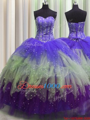 Visible Boning Sleeveless Floor Length Beading and Ruffles and Sequins Lace Up Sweet 16 Dress with Multi-color