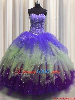 Custom Designed Visible Boning Ball Gowns Strapless Sleeveless Organza Floor Length Lace Up Beading and Ruffles Quince Ball Gowns