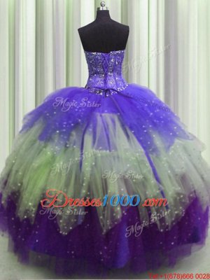 Custom Designed Visible Boning Ball Gowns Strapless Sleeveless Organza Floor Length Lace Up Beading and Ruffles Quince Ball Gowns