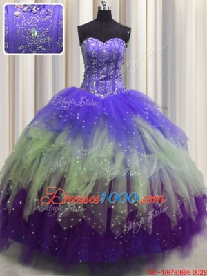 Visible Boning Sleeveless Floor Length Beading and Ruffles and Sequins Lace Up Sweet 16 Dress with Multi-color