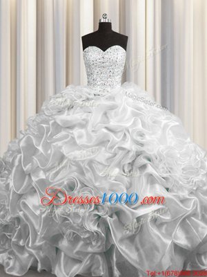 Delicate Court Train Grey Organza Lace Up Quinceanera Gowns Sleeveless Floor Length Beading and Pick Ups